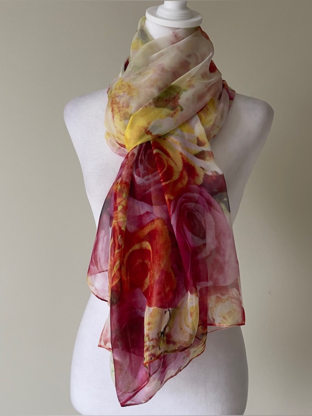Floral Rose Print Silk Mix Sheer Scarf in Red and Yellow EUC